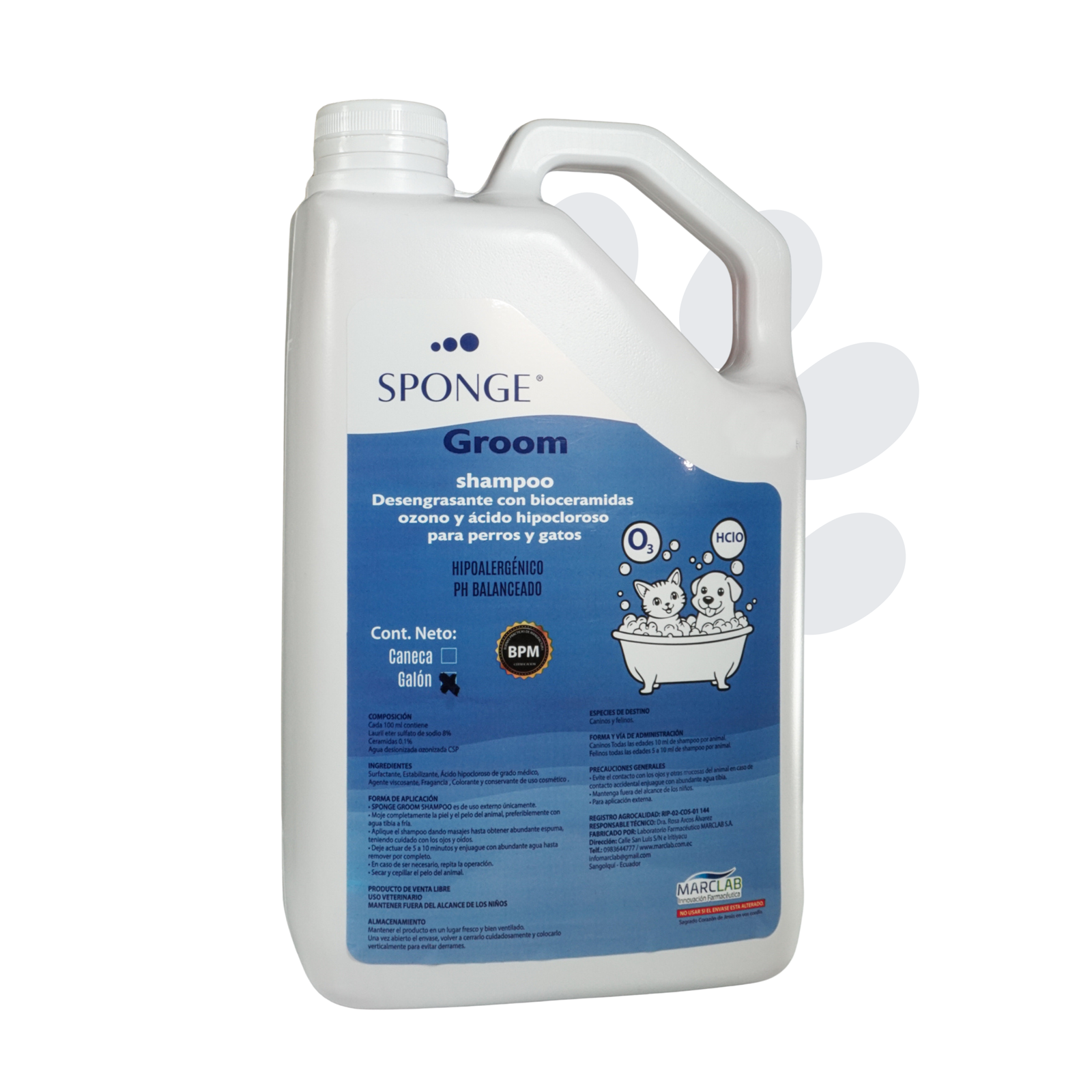 Sponge Groom Shampoo, Desegrasante con ozono, bioceramidas y ácido hipocloroso de grado médico