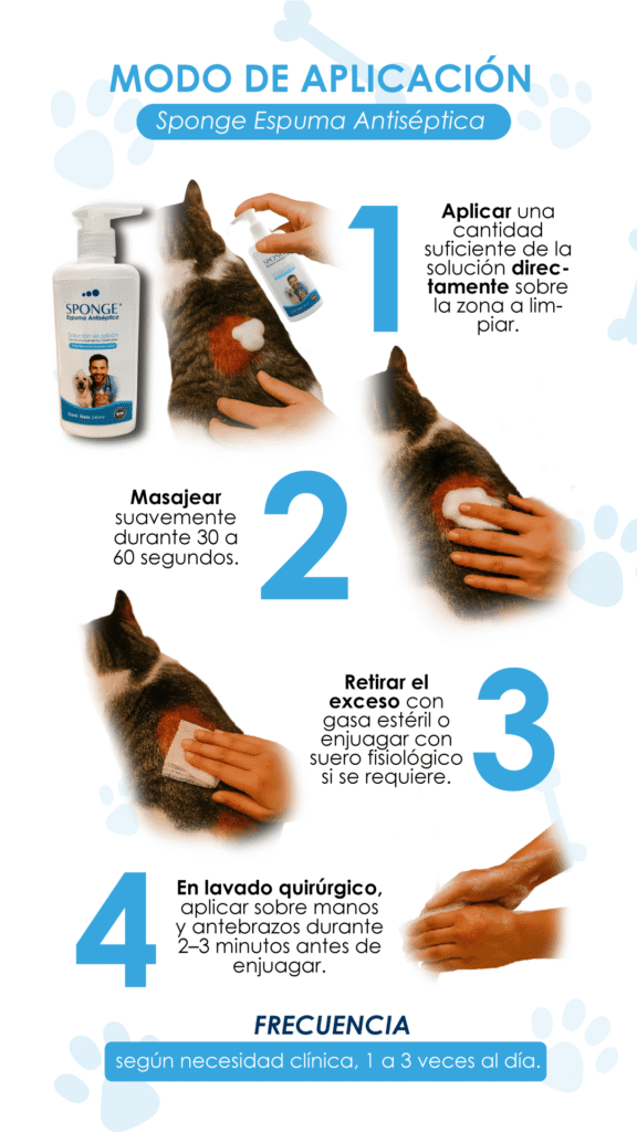 Sponge Espuma Antiséptica, Limpieza de heridas, Lavado preoperatorio, Cirugías, Solución sin jabón, Mascotas