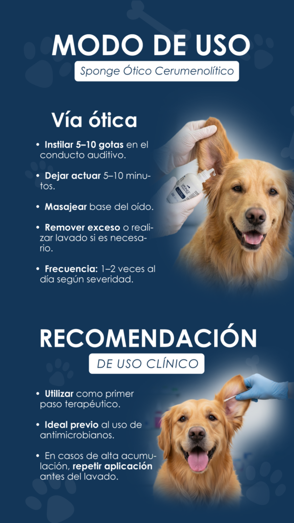 Sponge Ótico Cerumenolítico, Canal auditivo, Uso terapéutico, Lavado auditivo, Mascotas