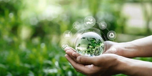 Hands protection globe on nature background with icon Environmental, renewable, sustainable energy, CO2, net zero, and ESG concept for low or neutral carbon. Ecology and Environment concept